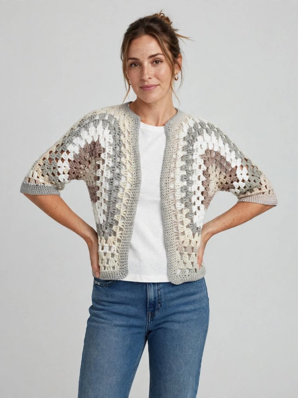Hand Crafted Crochet Open-Front Cardigan - Cream, Gray & Taupe